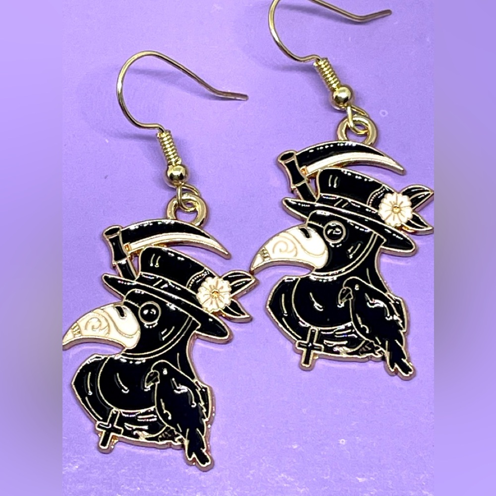 Halloween Plague Doctor Black Crow Bird Mask with Reaper Scythe Enamel Earrings